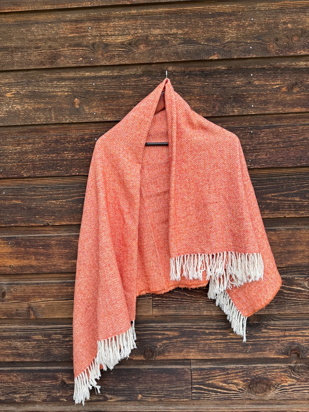 Large Women's Coral Wool/Cotton Blend scarf with Cream Fringe